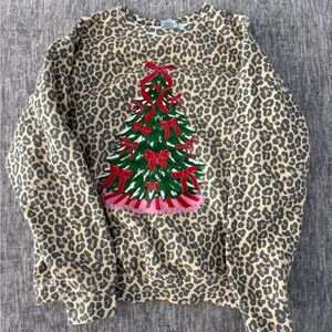 Living Fully Leopard Print Sweatshirt with Festive Christmas Tree